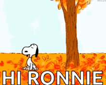 a cartoon of snoopy standing next to a tree with the words hi ronnie