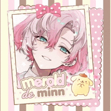 a drawing of a girl with pink hair and the name merold de minn