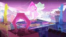 a pixel art drawing of steven universe characters standing on top of a building .