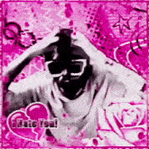 a man wearing sunglasses is making a funny face on a pink background that says i hate you !