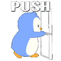 a blue penguin is pushing a door with the word push behind him