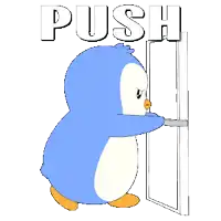 a blue penguin is pushing a door with the word push behind him