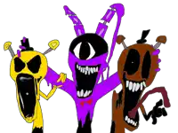 a cartoon drawing of three monsters one of which is purple