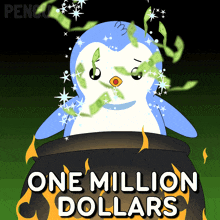 a penguin is sitting in a cauldron with one million dollars written on it