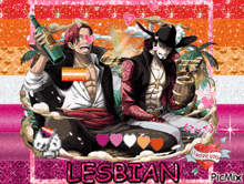a picture of a man holding a bottle and another man holding a barrel that says lesbian