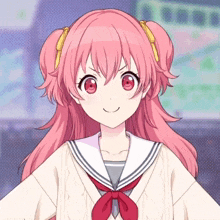 a girl with pink hair and red eyes is wearing a sailor outfit