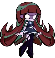 a cartoon drawing of a girl with long red hair and purple eyes