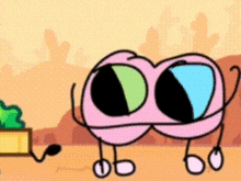 a cartoon character with two eyes and arms is standing next to a potted plant .
