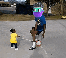 a little girl standing next to a man wearing sunglasses and a purple head