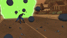 a cartoon of a man in a blue superhero costume running on a street
