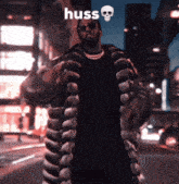 a man in a fur coat with the word huss on the bottom