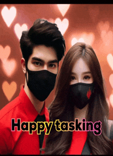 a man and a woman wearing face masks with the words happy tasking on the bottom