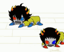 a cartoon of two trolls laying on the floor with a white background