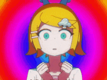 a cartoon girl with yellow hair and blue eyes is standing in front of a rainbow colored background .