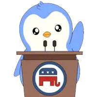 a cartoon penguin is standing at a podium with a republican logo