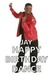 a man in a red jacket is dancing on a white background .