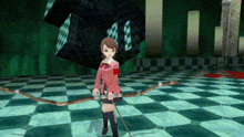 a girl is holding a bow and arrow on a checkered floor .