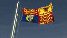 a red yellow and blue flag with a harp and a lion on it