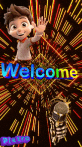 a cartoon boy is holding a microphone and the word welcome is above him
