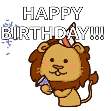 a lion wearing a party hat is holding a confetti cannon and says happy birthday
