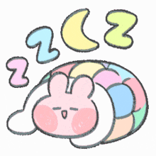 a cartoon drawing of a bunny sleeping on a blanket with a crescent moon above it