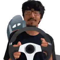 a man with glasses is holding a steering wheel in his hands