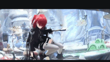 a girl with red hair is holding a gun in her hand