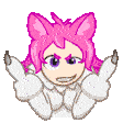 a cartoon character with pink hair and purple eyes is giving a thumbs up