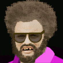 a man with a beard and sunglasses has a pink shirt on