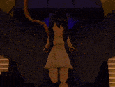 a girl in a white dress is standing in front of a giant statue