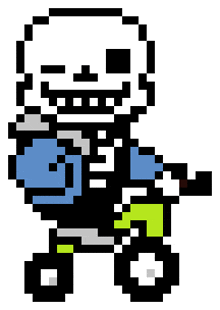 a pixel art drawing of a skeleton riding a motorcycle