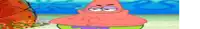 patrick star from spongebob squarepants is standing on the beach with his arms crossed and smiling .