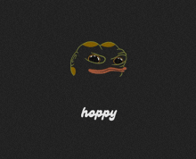 a black background with a frog face and the word happy