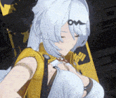 a girl with white hair is wearing a yellow jacket and a necklace
