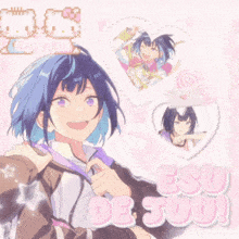 a girl with blue hair and purple eyes is on a pink background that says eso de juu