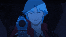 a man with blue hair is pointing a gun at something