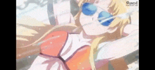 a blonde anime girl in a bikini and sunglasses is laying on the beach .