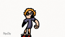 a cartoon drawing of a person with a purple shirt and red shoes .