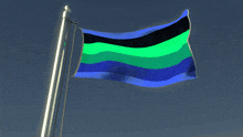 a blue and green flag is flying on a pole