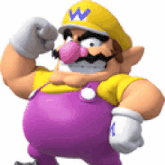 a pixel art of wario wearing purple overalls and a yellow hat with the letter w on it