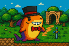 a pixel art illustration of a shark wearing a top hat and bow tie