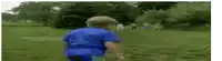 a young boy in a blue shirt is running in a field .