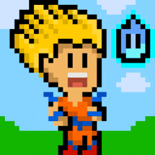 a pixel art drawing of a boy with yellow hair and a blue item in the background