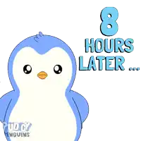 a cartoon of two penguins with the words 8 hours later on the bottom