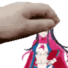 a pixelated image of a hand holding a doll 's head
