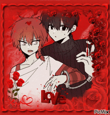 a couple of anime characters standing next to each other with the word love above them