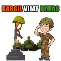 a cartoon of a soldier saluting in front of a tank and the words kargil vijay diwas