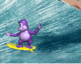 a purple gorilla riding a wave on a surfboard