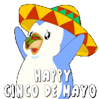 a penguin wearing a sombrero is holding a taco and the words happy cinco de mayo are below it