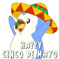 a penguin wearing a sombrero is holding a taco and the words happy cinco de mayo are below it